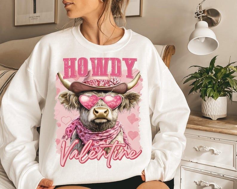 Highland Cow Crewneck | Valentine Coquette Sweatshirt | Retro Heart Love Design T-Shirts, Hoodie | UrbanDripWear.com