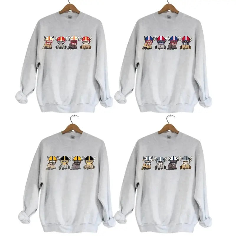 Highland Cow Football Sport Grey Team Football  Lovers Gift Unisex Crewneck Hoodie Sweatshirt T-Shirts | UrbanDripWear.com