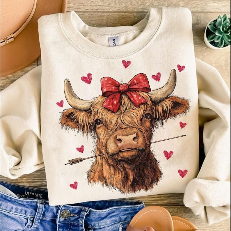 Highland Cow Sweatshirt Valentine's day Coquette,Trending ,Girly Valentine T-Shirts, Hoodie | UrbanDripWear.com