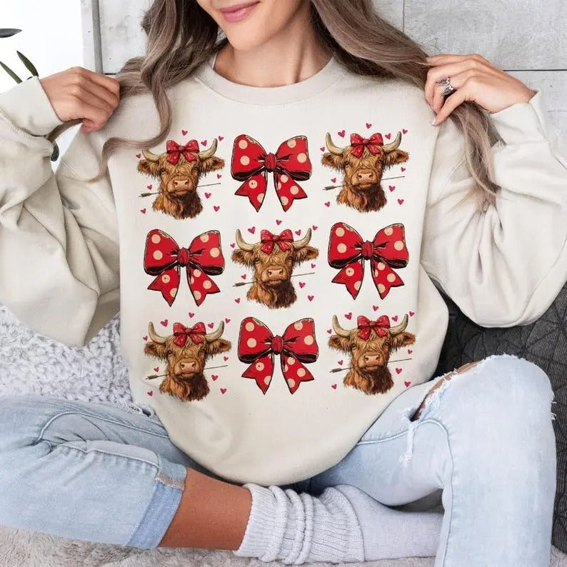 Highland Cow Valentine's Day Sweatshirt Coquette,Trending,Girly Valentine T-Shirts, Hoodie | UrbanDripWear.com