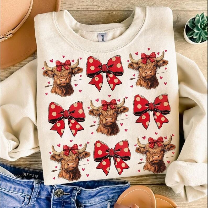 Highland Cow ,Sweatshirt,Valentine's day s,Valentine ,Coquette,Trending ,Girly Valentine T-Shirts, Hoodie | UrbanDripWear.com