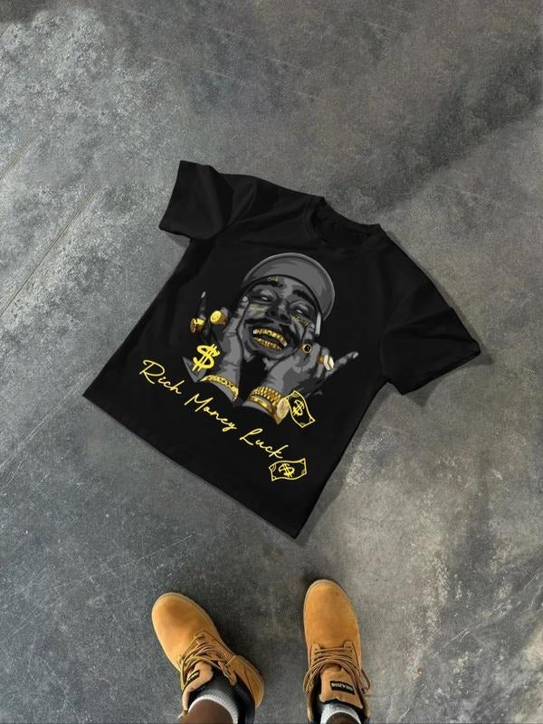 Hiphop Gold Rich Money Print Short Sleeve T-Shirt, Street Style Loose Fit Round Neck Top, Dollar Sign & Rich Money Luck...