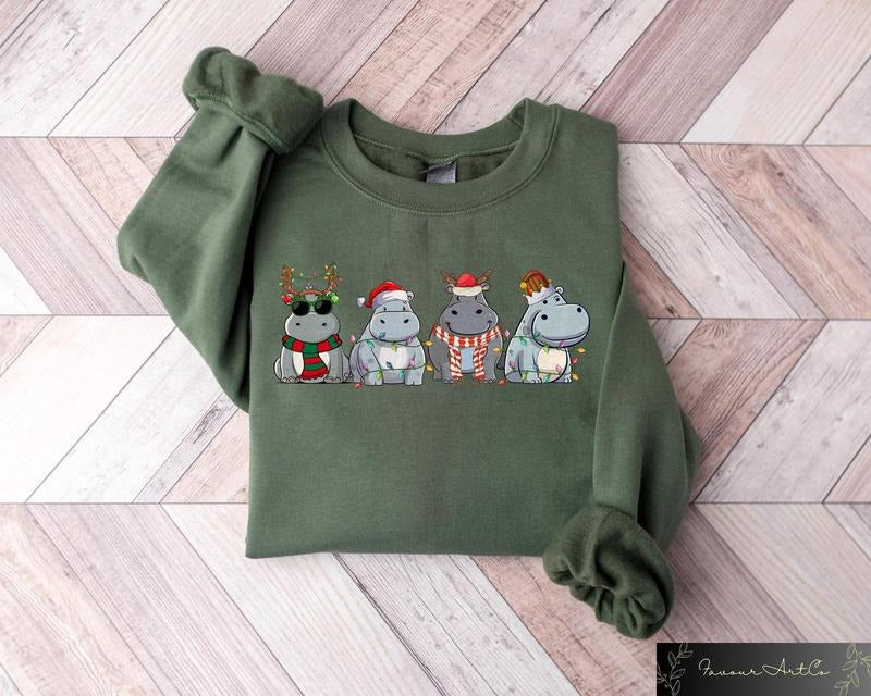Hippopotamus Christmas Sweatshirt, Retro Hippo Christmas Shirt, Funny Holiday Sweater, Christmas Gift, Christmas Shirt,...