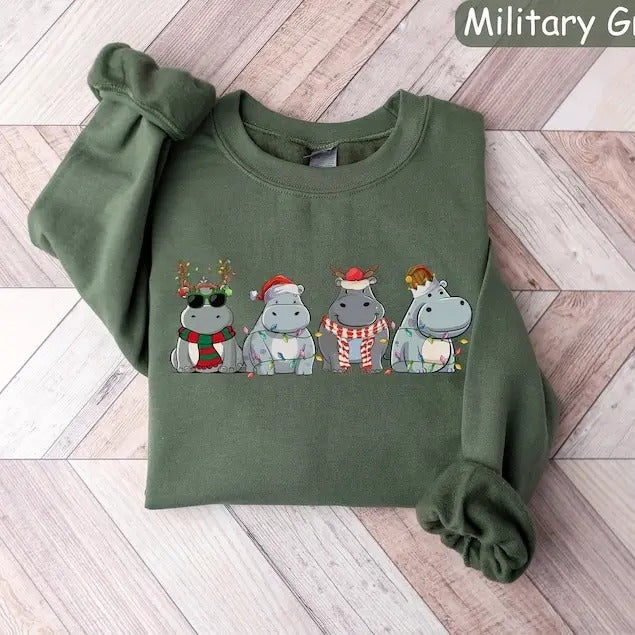 Hippopotamus Christmas Sweatshirt, Retro Hippo Christmas Shirt, Holiday Sweaters, Christmas Gift, Christmas Crewneck,...