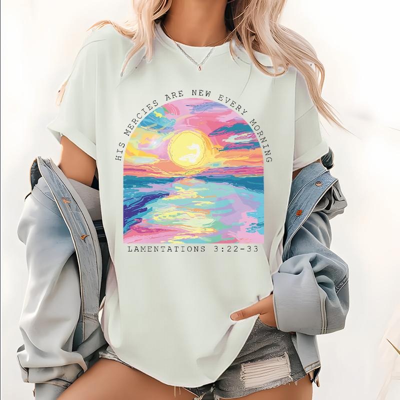 His Mercies New Every Morning Pattern T Shirt, Bible Lamentation 3:22-33 Tops, Christian Believer Print Tee, Bible Verse...