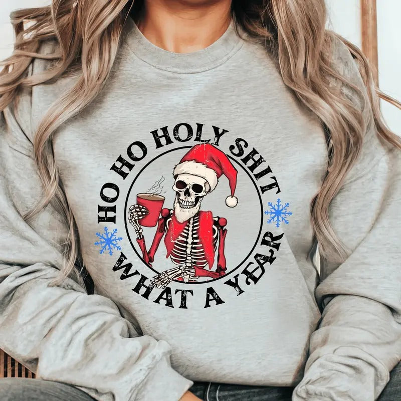 Ho HO Holy Sh*t What a Year Christmas Crewneck. Relaxed Christmas Unisex Pullover Crewneck Sweatshirt. T-Shirts, Hoodie