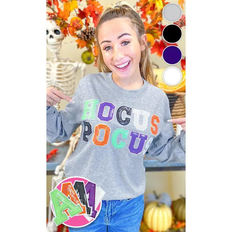 Hocus Pocus Halloween Sequin Graphic Long Sleeve T-Shirt Hoodie, Sweatshirt | UrbanDripWear.com