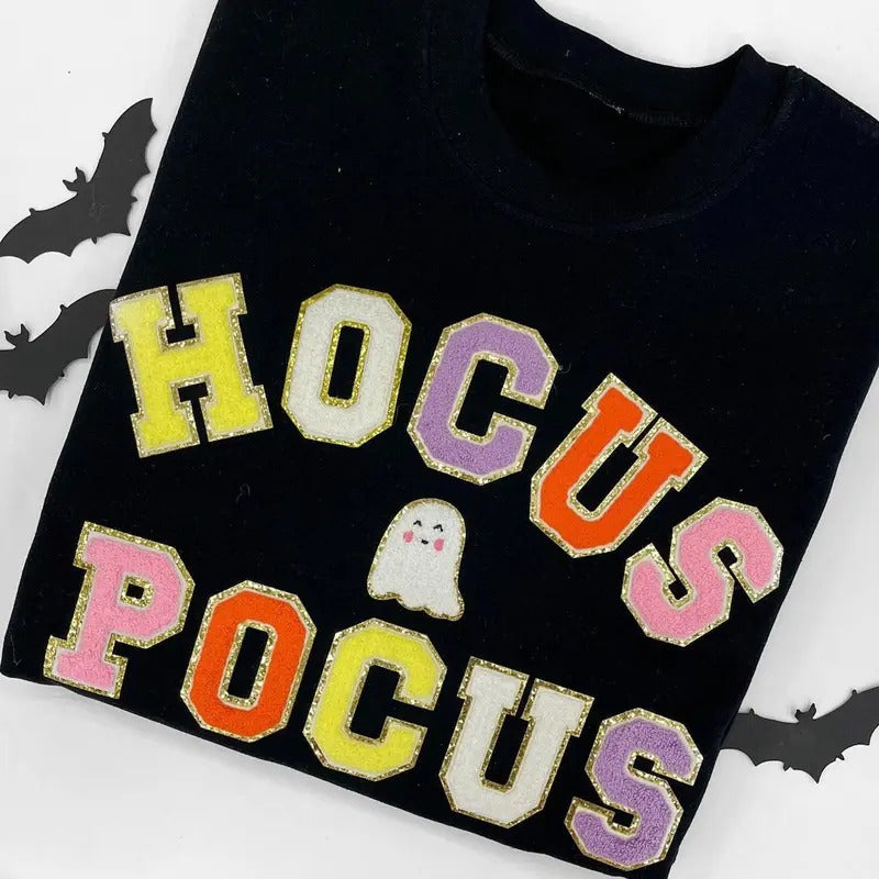 Hocus Pocus Letter Patch Crewneck Sweatshirt, Chenille Letter Patches, Halloween T-Shirts, Hoodie | UrbanDripWear.com