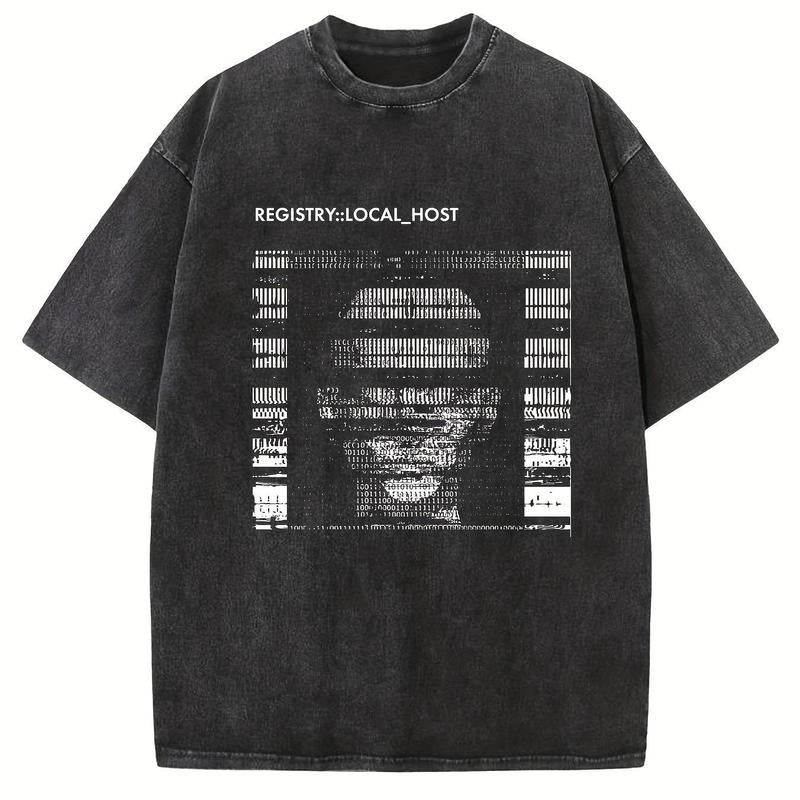 Holafish "Code Portrait" Creative Pattern Printing Heavy 230g Pure Cotton Oversized Drop Shoulder T-shirt Washed T-shirt...