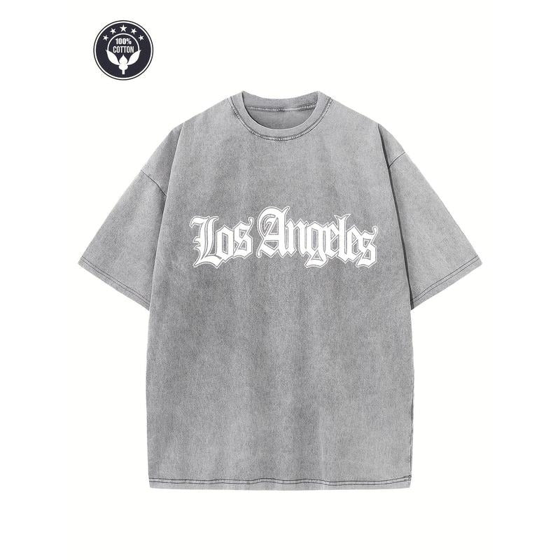 Holafish "LOS ANGELES" Creative Pattern Printing Heavy 230g Pure Cotton Oversized Drop Shoulder T-shirt Washed T-shirt...