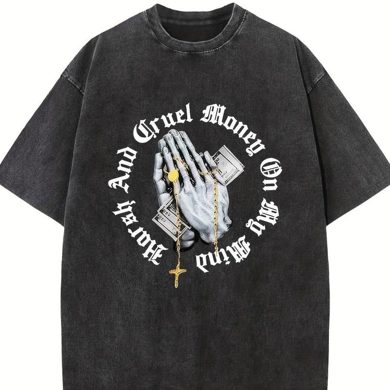 Holafish "Pray For Blessings" Pattern Printing Heavy Pure Cotton Oversized Drop Shoulder Acid Wash T-shirt Retro Street...