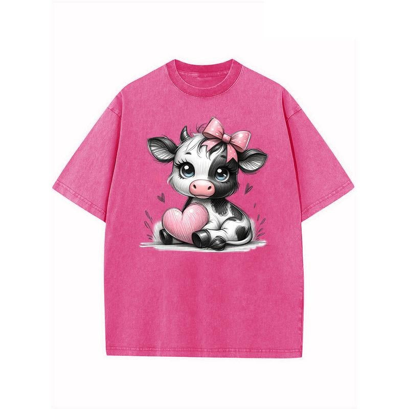 Holafish A COW HOLDING A HEART Women's  High-quality Cotton Vintage Trendy Brand T-shirt ,Short Sleeved Round Neck...