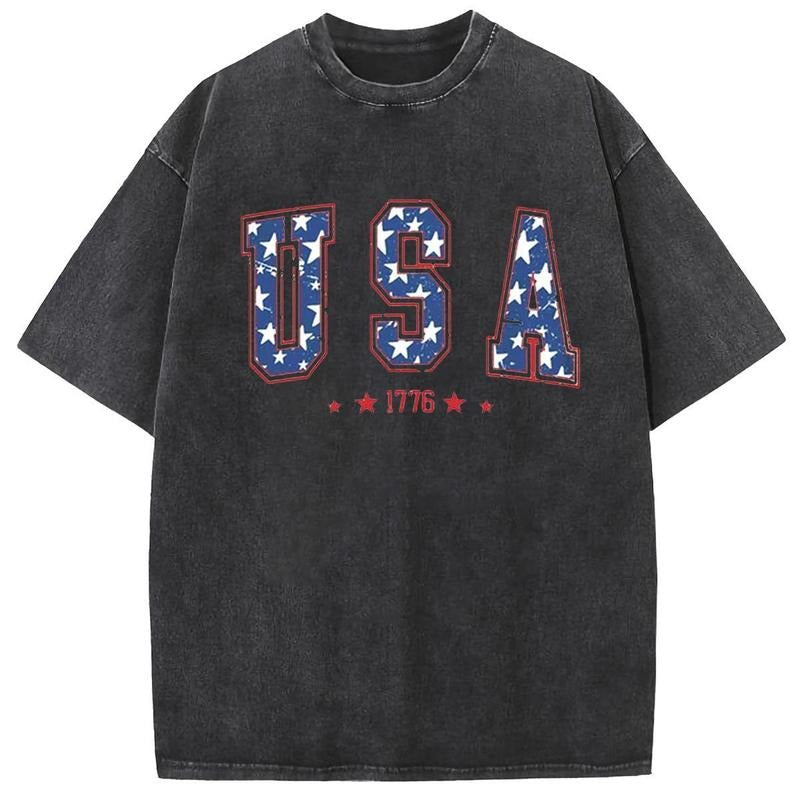 Holafish Acid Wash Shirts Oversized USA Printed Half Short Sleeves Casual Women Letter Graphic Tee Comfortable Fit Summer...