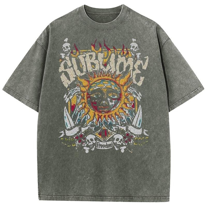 Holafish Acid Wash Vintage Sun pattern T-Shirt, Heavy Weight Cotton Streetwear graphic vintage tees Menswear Womenswear...