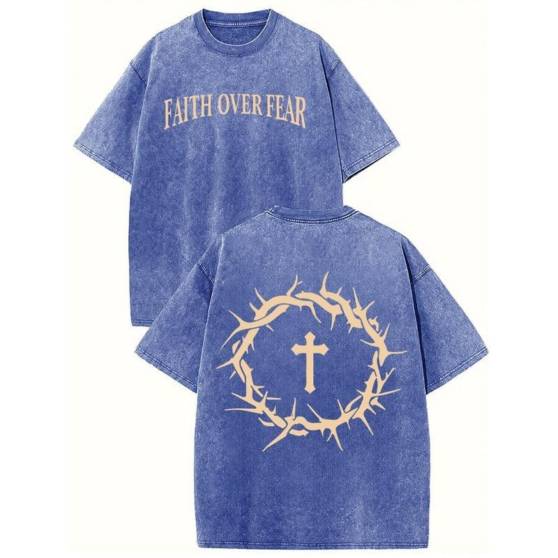 Holafish Acid Washed Shirt  "FaithOverFear "Print Casual Graphic Tee Half Short Sleeves Crew Neck Summer Comfortable...
