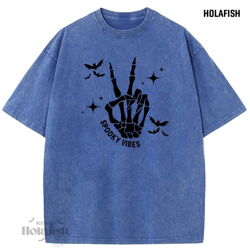 Holafish Acid Washed Shirt "Black skeleton hand "Print Casual Graphic Tee Half Short Sleeves Crew Neck Summer Comfortable...