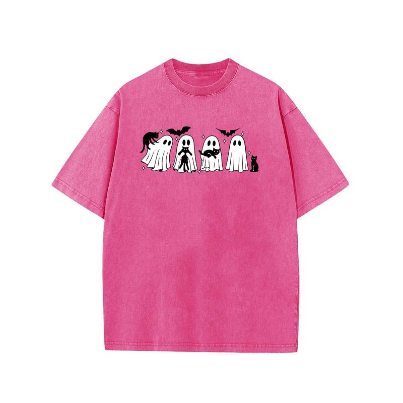 Holafish Acid Washed Shirt "Ghost Cat" Print Casual Graphic Tee Half Short Sleeves Crew Neck Summer Comfortable Cotton...