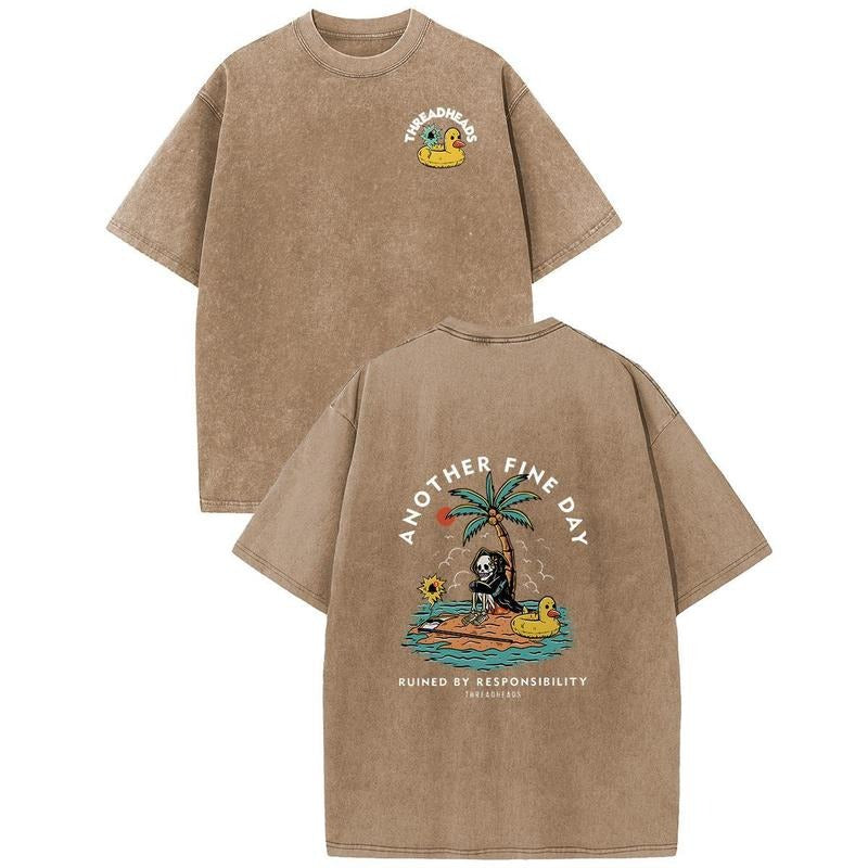 Holafish Acid Washed Shirt Another Fine Day Print Casual Graphic Tee Half Short Sleeves Crew Neck Summer Comfortable...