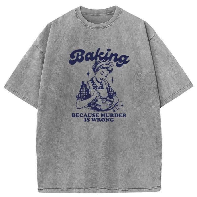 Holafish Acid Washed Shirt Baking Print Casual Graphic Tee Half Short Sleeves Crew Neck Summer Comfortable Cotton Top for...