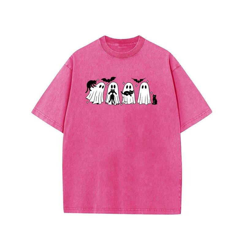 Holafish Acid Washed Shirt Cute Ghosts Holding Cats Shirt, Halloween Cat T-Shirt, Cat Lovers Shirt, Spooky Season Tee,...