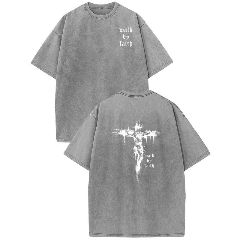 Holafish Acid Washed Shirt Malk bp Faith Print Casual Graphic Tee Half Short Sleeves Crew Neck Summer Comfortable Cotton...