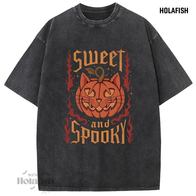 Holafish Acid Washed Shirt Sweet and Spooky Print Casual Graphic Tee Half Short Sleeves Crew Neck Comfortable Cotton Top...