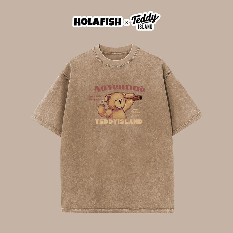 Holafish Acid Washed Shirt Teddy Adventure Print Casual Graphic Tee Half Short Sleeves Crew Neck Summer Comfortable...