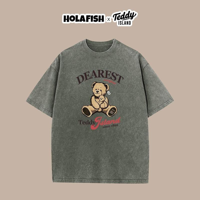 Holafish Acid Washed Shirt Teddy Dearest Print Casual Graphic Tee Half Short Sleeves Crew Neck Summer Comfortable Cotton...