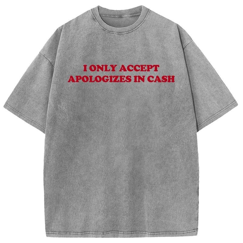 Holafish Acid Washed Shirts Apologizes in Cash Print Oversized Half Short Sleeves Casual Graphic Tee Summer Comfortable...