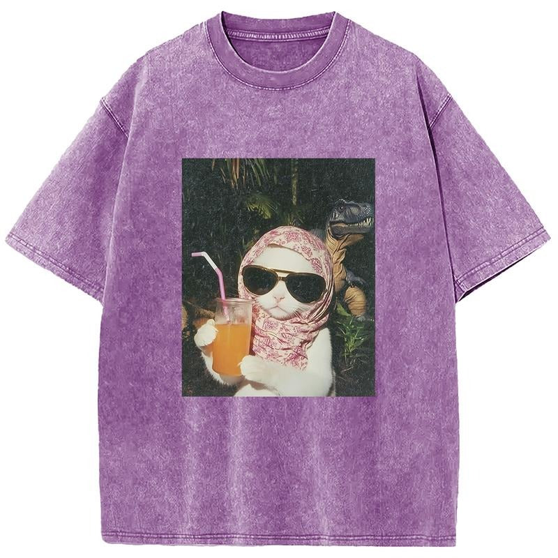 Holafish Acid Washed T-Shirts  "Sunglasses cat" Print Oversized Crewneck Half Short Sleeves Casual Graphic Tee Summer...