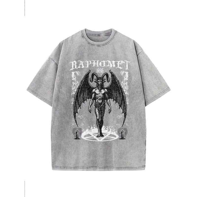 Holafish Baphomet Satanic Over-Sized Heavy-Weight Cotton Drop Shoulder Vintage Street Wear Basic Tees Baggy Hip Hop...