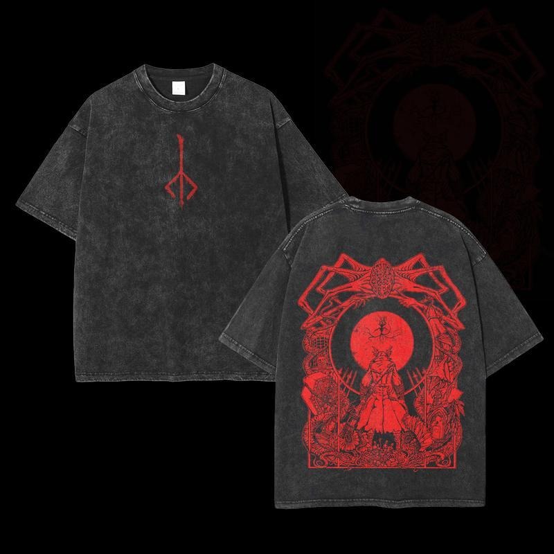 Holafish Bloodborne Blood Moon Double Printed Acid Washed Lightweight Cotton T-Shirt, Gift For Game Fan, Streetwear...