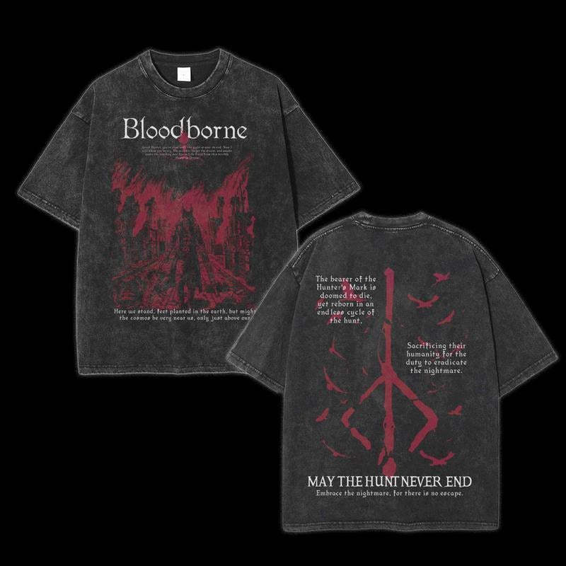 Holafish Bloodborne Double Printed Unisex Acid Washed Lightweight Cotton T-Shirt, Gift For Game Fan, Streetwear Menswear...