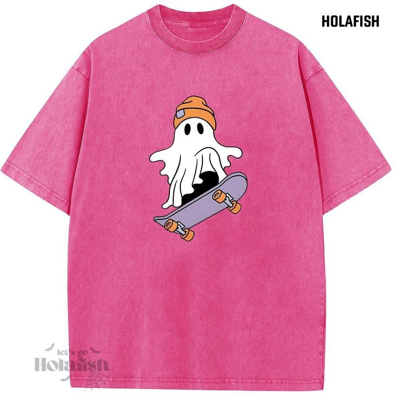Holafish Cute Ghost Women's Acid Washed Graphic T-Shirt with Elf & Snowflake Print Comfort Fit Top for Winter Festivities...