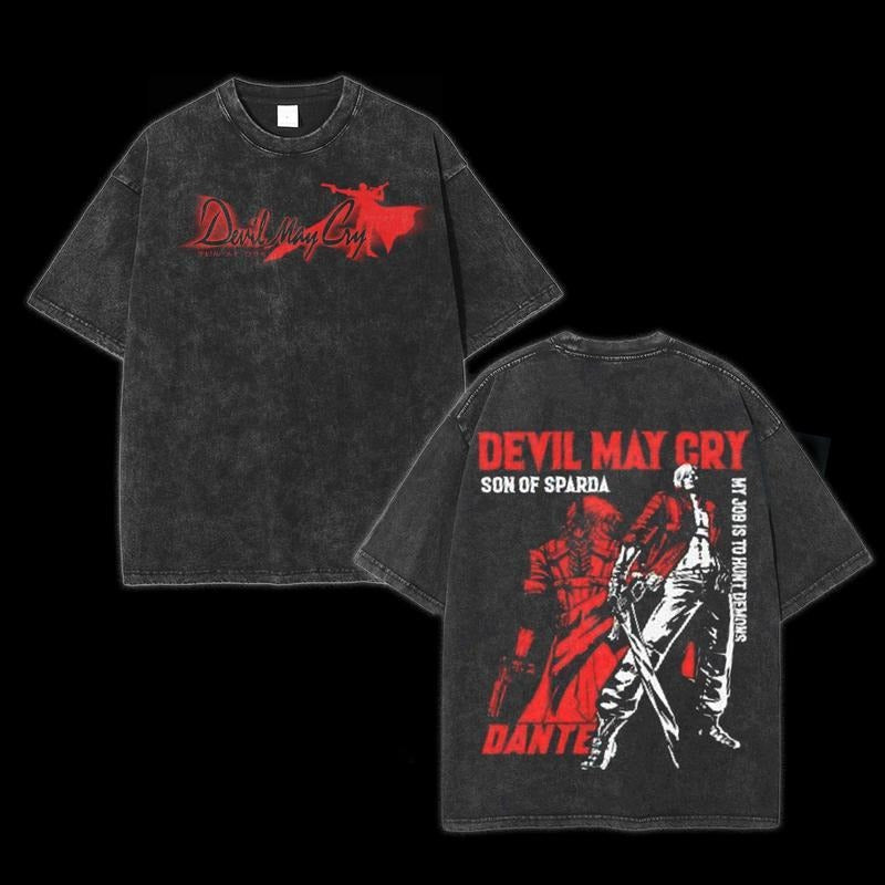 Holafish Devil May Cry Dante Double Printed Unisex Acid Washed Lightweight Cotton T-Shirt, Graphic Tee, Gift For Game...