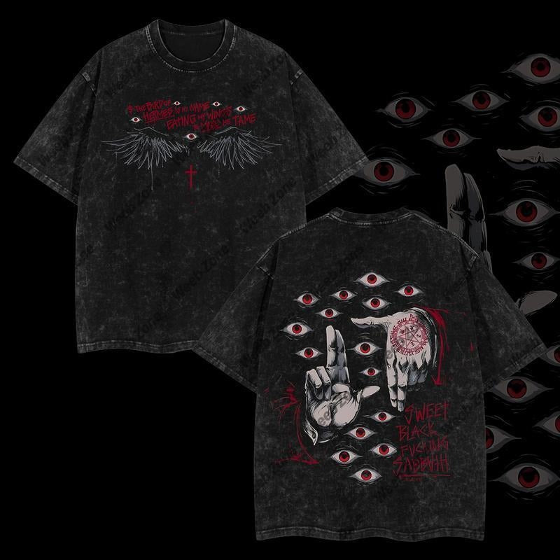 Holafish EYES Print Oversized Cotton Acid Wash T Shirts  for Men Vintage Streetwear Tees Baggy Hip Hop Unisex  Tops Acid...