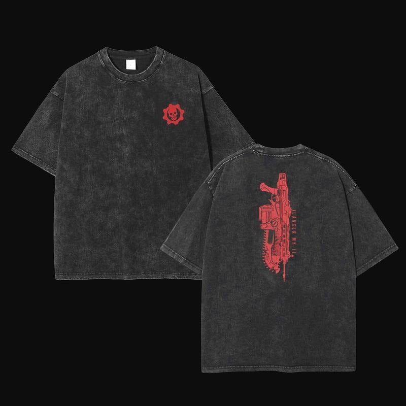 Holafish Gears of War Lancer T-Shirt Double Printed Oversized Unisex Acid Washed Lightweight Cotton T-Shirt, Game Lover,...