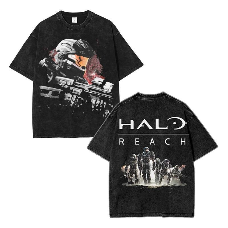 Holafish HALO REACH Vintage Washed T-Shirt, High Quality Tshirt Cotton Crew Neck Casual Fabric Menswear Collar Top...
