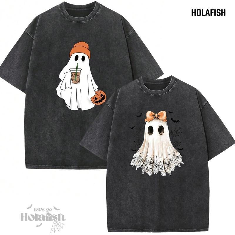 Holafish Halloween Couple Outfits Acid Wash T-Shirt for Women & Men Casual Crewneck Oversized Baggy Fit Vintage Style...