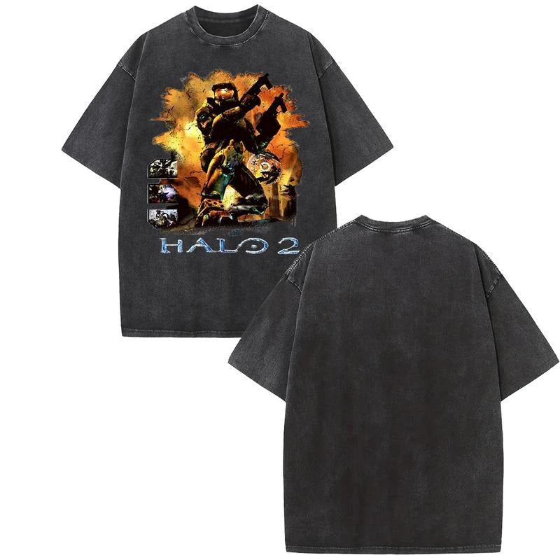 Holafish Halo 2 T-Shirt Washed Tee Unisex Acid Washed Lightweight Cotton T-Shirt,Game Lover, Fabric Menswear Top Collar...