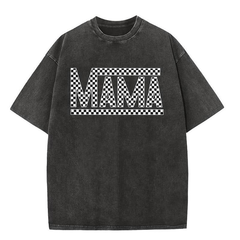 Holafish Printed Acid Washed Shirts Mama Oversized Half Short Sleeves Casual Women Letter Graphic Tee Casual Short Sleeve...