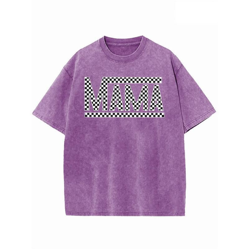 Holafish Printed Acid Washed Shirts Mama Oversized Half Short Sleeves Casual Women Letter Graphic Tee Casual Short Sleeve...