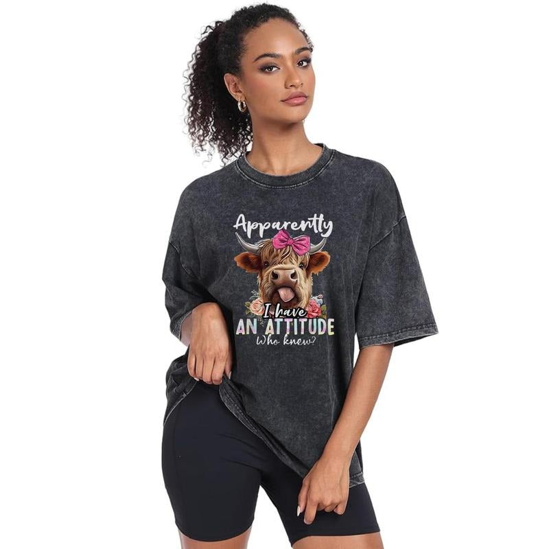 Holafish Printed Women's Casual Loose Fit Crew Neck T-Shirts,Acid Washed Vintage Oversized Tee Baggy Streetwear Boyfriend...