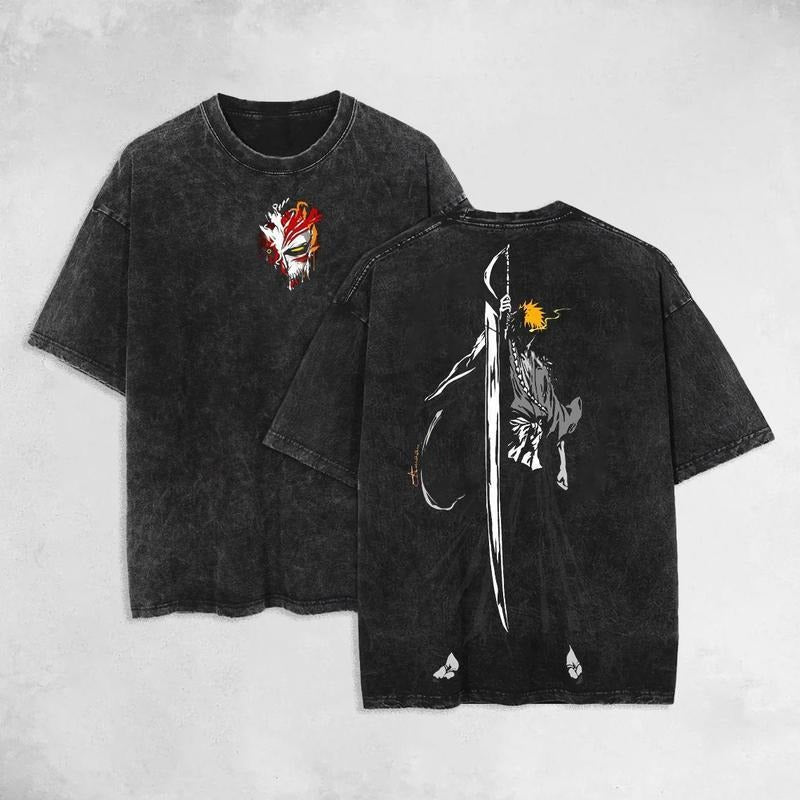 Holafish Retro Vintage Limited IchiGo - Bleach  Double Printed  Washed Tee Unisex Oversize  Manga Acid Washed Lightweight...