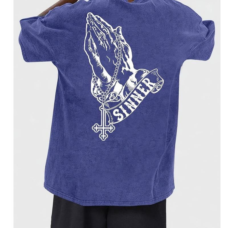 Holafish Street Chic Oversized Acid Washed Cotton Tee - Vintage Green with "Prayer" Graphic, Hip Hop Acid Wash T-Shirt,...