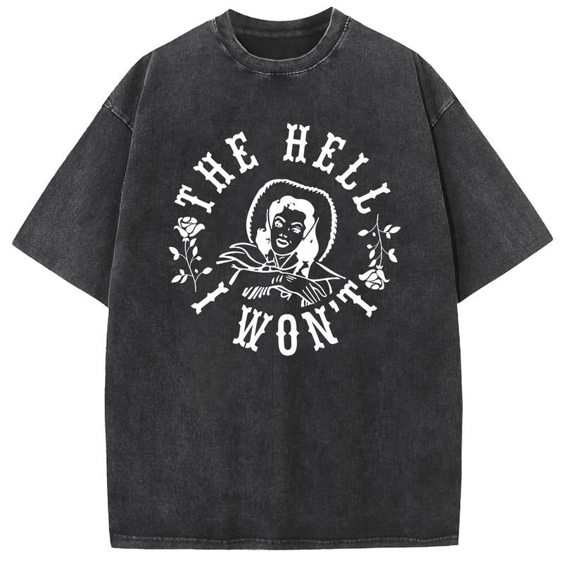 Holafish The Hell Printed Cotton Acid Washed T-Shirts Oversized Half Short Sleeves Casual Loose Streetwear Top,Mens Retro...
