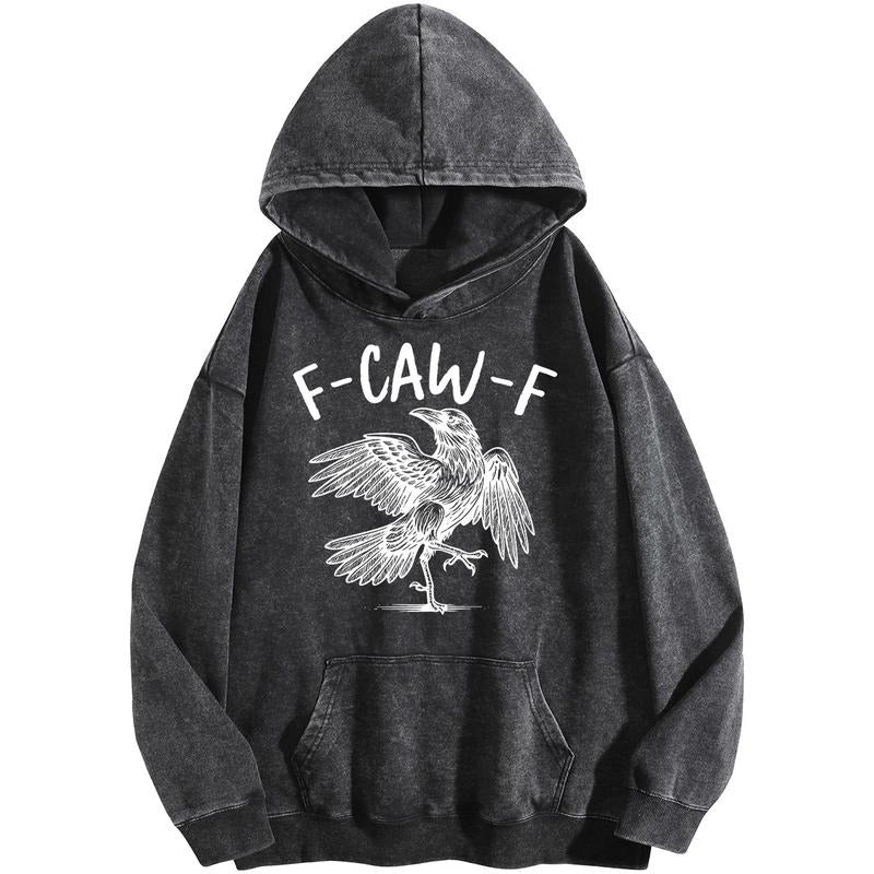 Holafish Unisex Hoodies F-Caw-F Black Crow Print Acid Wash Hoodie Vintage 2025 Sweatshirt Oversized Loose Fit Winter Warm...