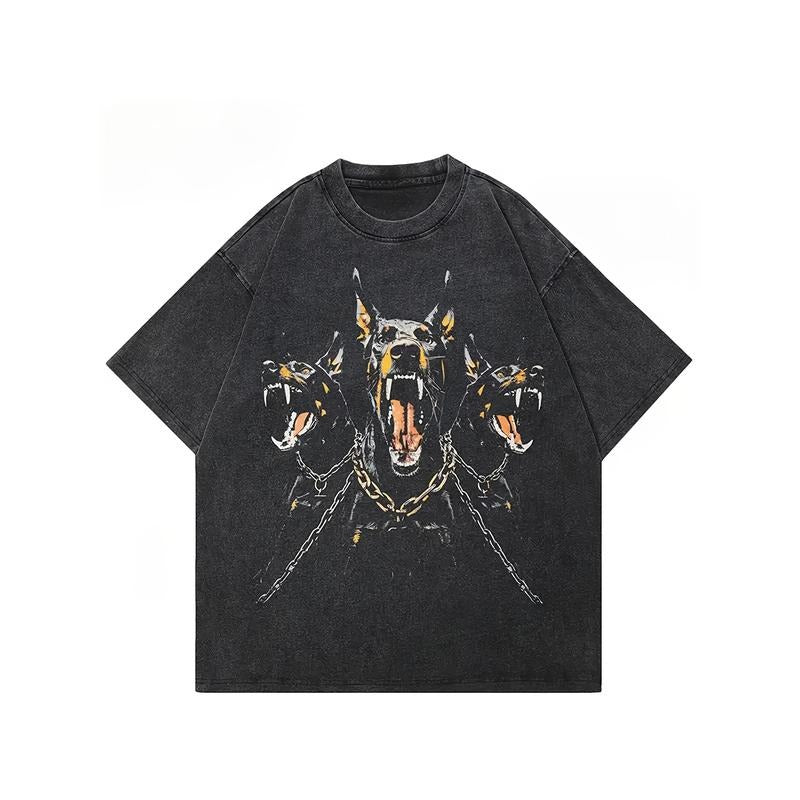 Holafish Vintage Acid Washed Black T-Shirt, Street Style Doberman Graphic, Casual Top with Bold Roaring Dog Design,...