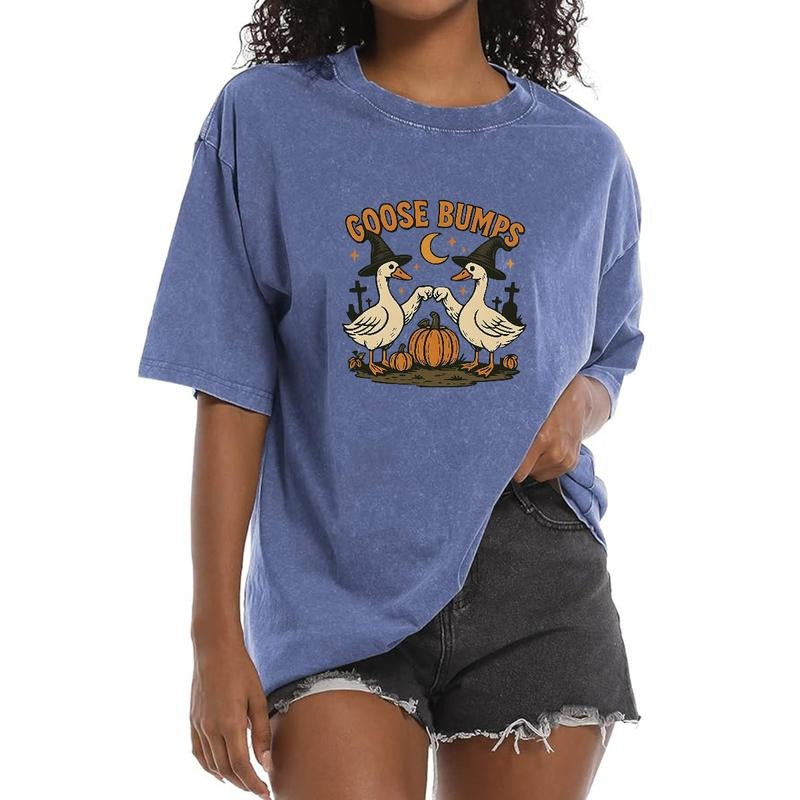 Holafish Women's Christmas "Goose Bumps" Print Acid Washed T-Shirt, Festive Santa Snowflake Graphic Tee Casual...