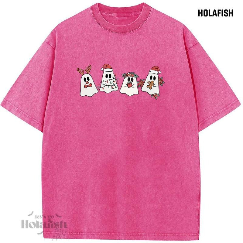 Holafish Women's Christmas Acid Washed T-Shirt Adorable Elf and Snowflake Print Casual Daily Wear Holiday Fashion Top...